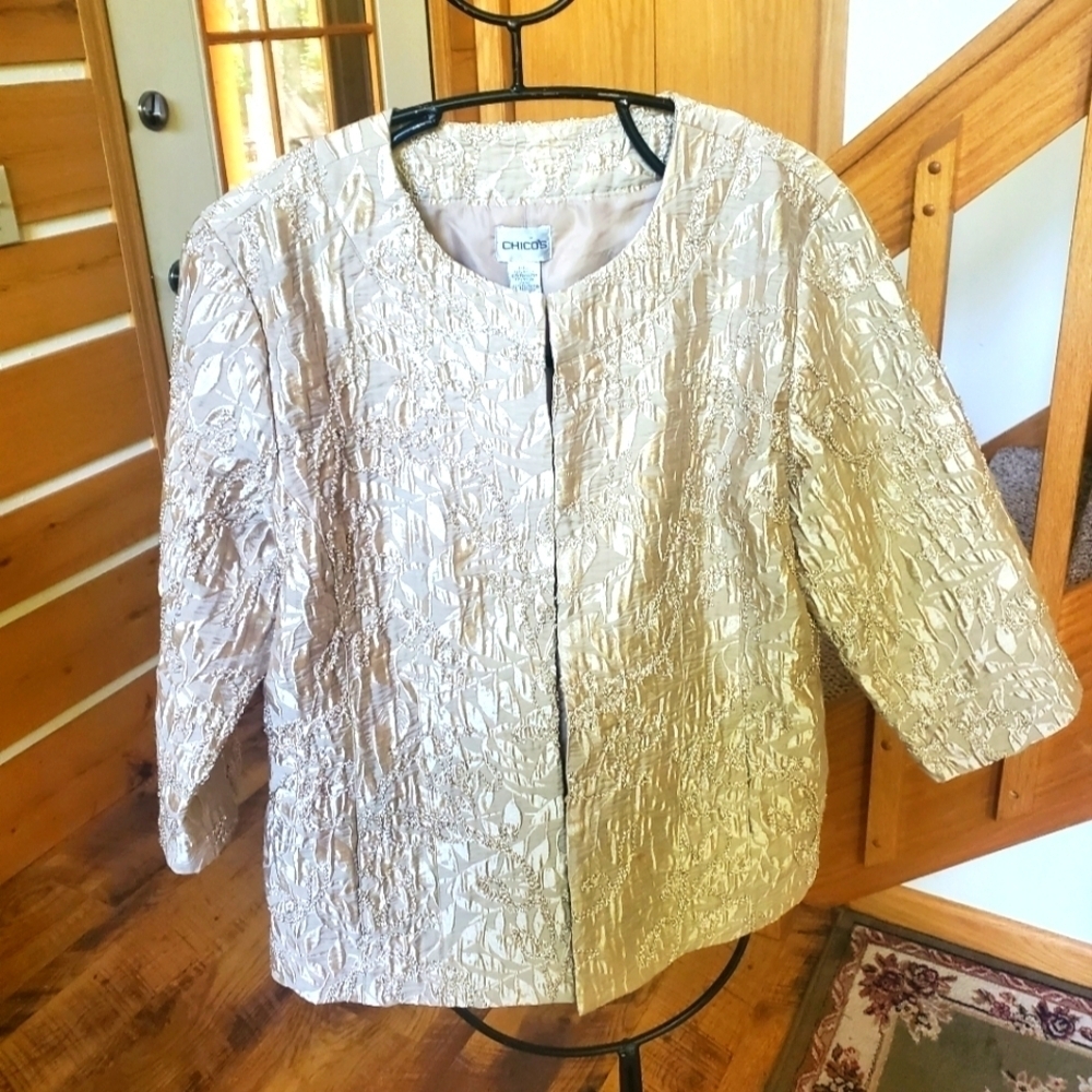 Chico's Champagne Embellished‎ Allasendro Evening Event Lined Sz. 2 (L) Jacket